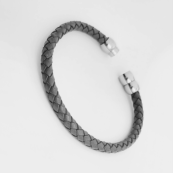 Unisex Gray Braided Leather 5mm SS Magnetic Clasp Bracelet - Picture 3 of 3
